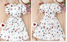 BAESD Girls Conversational Print Round Neck Puff Sleeves Cotton Fit & Flare Dress