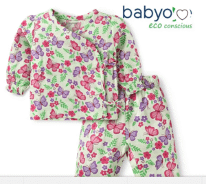 Babyoye 100% Organic Muslin Woven Full Sleeves Night Suit with Floral & Butterfly Print – Light Green